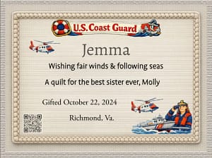 Jemma Military to TOM Personalized military quilt label for a military female service person Jemma