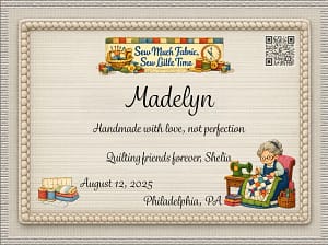 Madelyn Friends personalized quilt label Madelyn