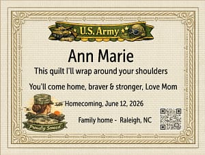Ann Marie Army to TOM Personalized military quilt label for a military female service personAnn Marie