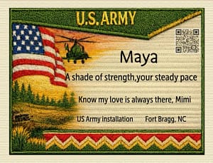 Maya Millitary to TOM Personalized military quilt label for a military female service person Maya