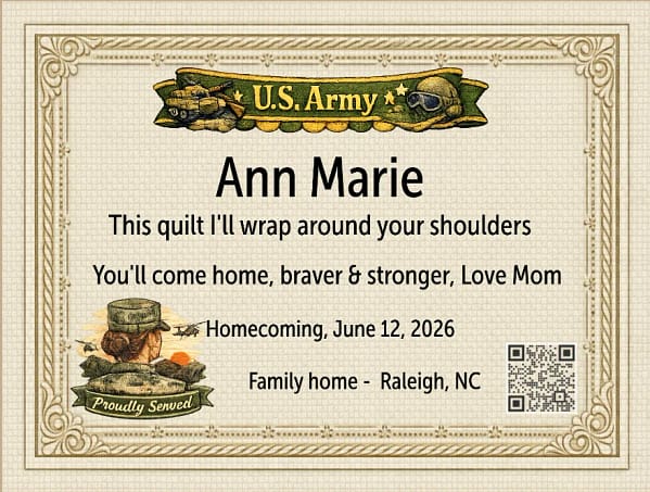 Personalized military quilt label for a military female service personAnn Marie