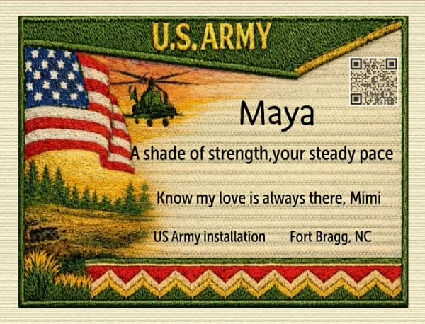Personalized military quilt label for a military female service person Maya