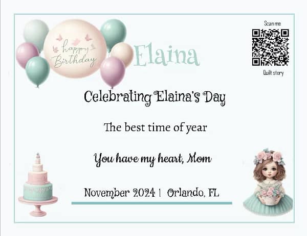 Elaina birthday custom quilt label Elaina